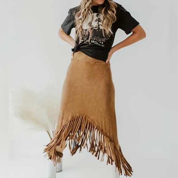 Brown Tassel Hem Midi Skirt - Picture 2 of 5